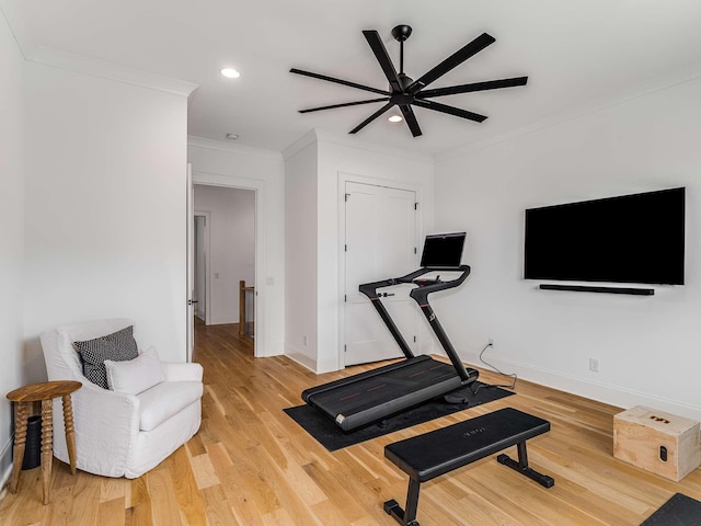 9021 Passiflora Ct, College Grove, TN 37046 - exercise room featuring recessed lighting, a ceiling fan, crown molding, baseboards, and light wood-type flooring