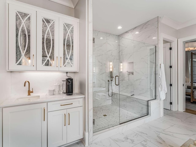 9021 Passiflora Ct, College Grove, TN 37046 - full bath with a marble finish shower, marble finish flooring, vanity, and recessed lighting