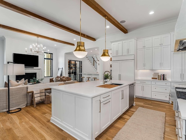 9021 Passiflora Ct, College Grove, TN 37046 - kitchen with a sink, paneled built in refrigerator, white cabinetry, beam ceiling, and stainless steel dishwasher