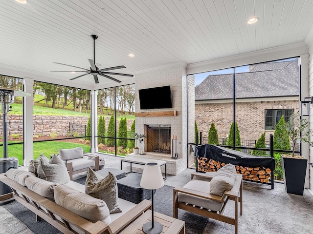 9021 Passiflora Ct, College Grove, TN 37046 - sunroom / solarium with an outdoor living space with a fireplace and ceiling fan
