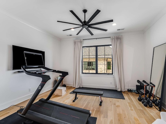 9021 Passiflora Ct, College Grove, TN 37046 - exercise room featuring wood finished floors, crown molding, baseboards, a ceiling fan, and recessed lighting