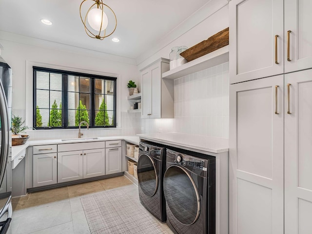9021 Passiflora Ct, College Grove, TN 37046 - washroom featuring washer and dryer, cabinet space, light tile patterned floors, and recessed lighting