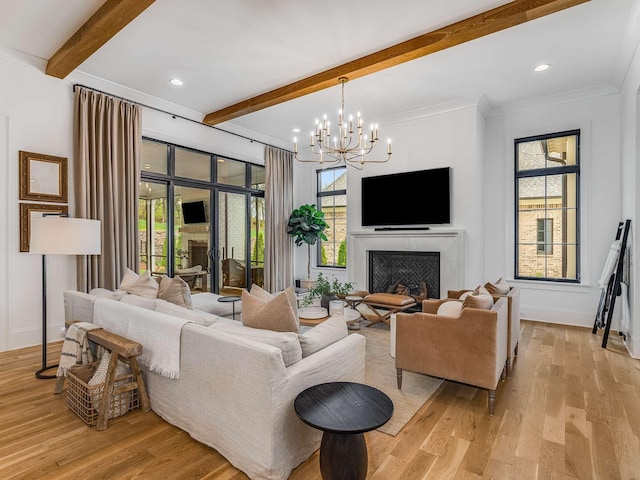 9021 Passiflora Ct, College Grove, TN 37046 - living area featuring beamed ceiling, a chandelier, light wood-style floors, a fireplace, and baseboards