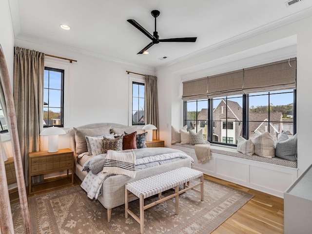 9021 Passiflora Ct, College Grove, TN 37046 - bedroom with ornamental molding, wood finished floors, recessed lighting, and a ceiling fan
