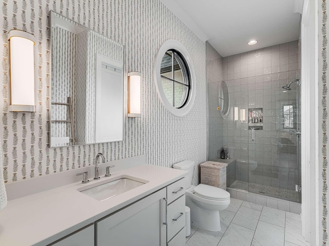9021 Passiflora Ct, College Grove, TN 37046 - full bath featuring a shower stall, toilet, vanity, wallpapered walls, and marble look tiles