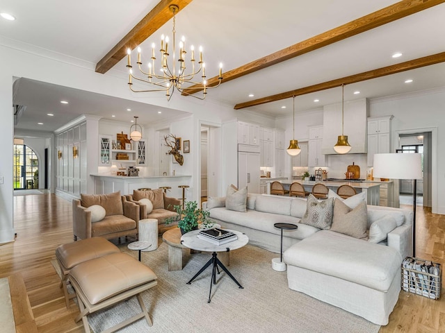 9021 Passiflora Ct, College Grove, TN 37046 - living area featuring beamed ceiling, light wood-style flooring, a chandelier, ornamental molding, and recessed lighting
