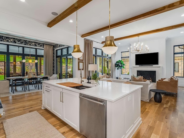 9021 Passiflora Ct, College Grove, TN 37046 - kitchen featuring dishwasher, a chandelier, beam ceiling, white cabinets, and open floor plan