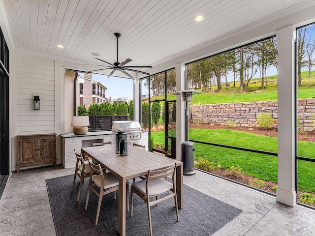 9021 Passiflora Ct, College Grove, TN 37046 - sunroom / solarium featuring ceiling fan, area for grilling, and outdoor dining space