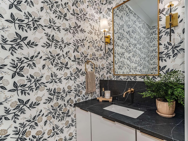 9021 Passiflora Ct, College Grove, TN 37046 - bathroom with backsplash, vanity, and wallpapered walls