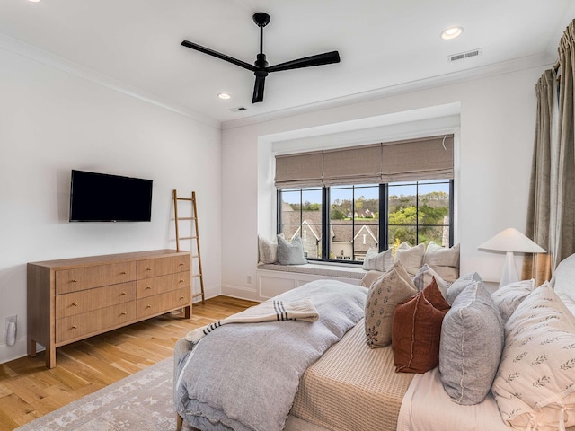 9021 Passiflora Ct, College Grove, TN 37046 - bedroom with light wood-type flooring, ornamental molding, recessed lighting, baseboards, and ceiling fan