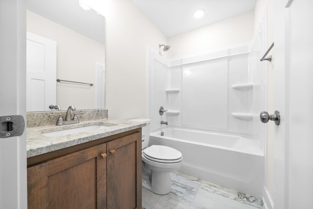 1928 Flats Rd, Cunningham, TN 37052 - bathroom with vanity, shower / bath combination, toilet, and marble look tile flooring