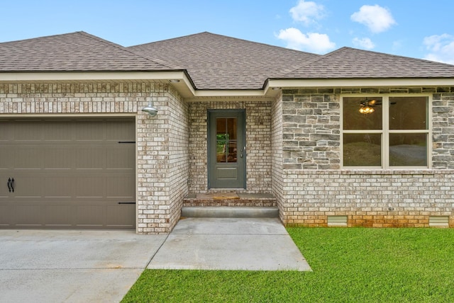 1928 Flats Rd, Cunningham, TN 37052 - entrance to property featuring a shingled roof, crawl space, a garage, and brick siding