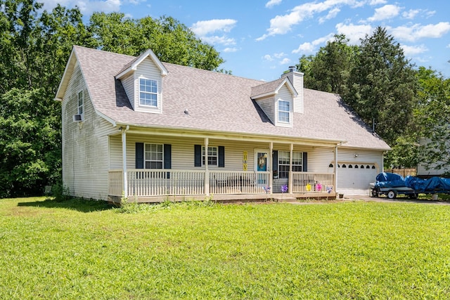 124 Gale Ln, La Vergne, TN 37086 - new england style home featuring covered porch, a garage, a front yard, and a chimney