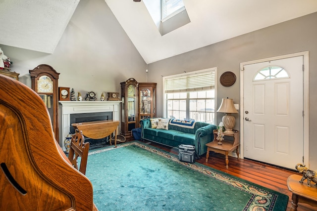124 Gale Ln, La Vergne, TN 37086 - living area with a fireplace, wood finished floors, high vaulted ceiling, and a skylight