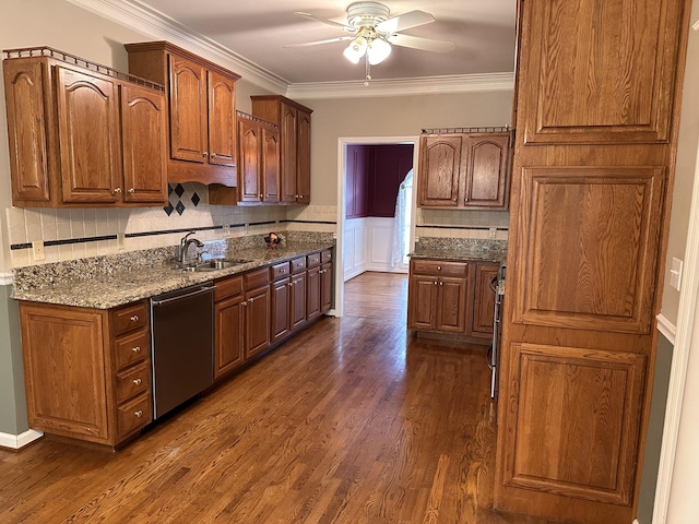 95 Dundee Cir, Mcminnville, TN 37110 - kitchen with stainless steel dishwasher, a sink, ceiling fan, dark wood finished floors, and ornamental molding