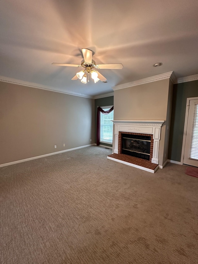95 Dundee Cir, Mcminnville, TN 37110 - unfurnished living room featuring a brick fireplace, carpet flooring, ornamental molding, ceiling fan, and baseboards