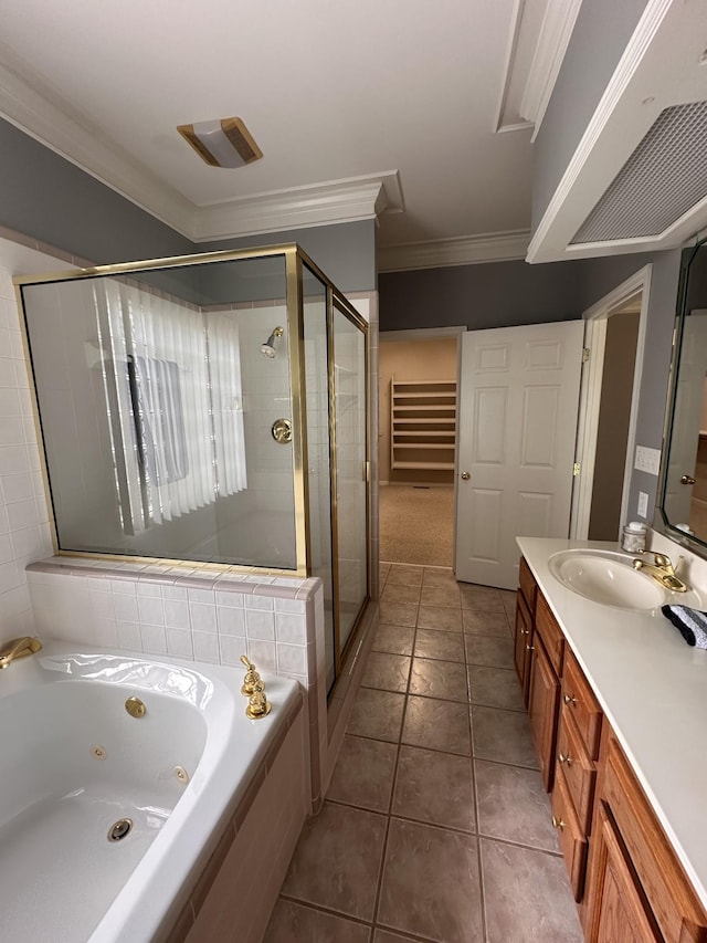 95 Dundee Cir, Mcminnville, TN 37110 - full bathroom featuring a jetted tub, a stall shower, crown molding, tile patterned floors, and vanity