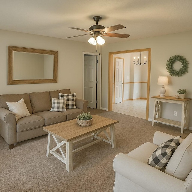 129 Peggy Ct, Goodlettsville, TN 37072 - living area featuring light colored carpet, ceiling fan, a chandelier, and baseboards