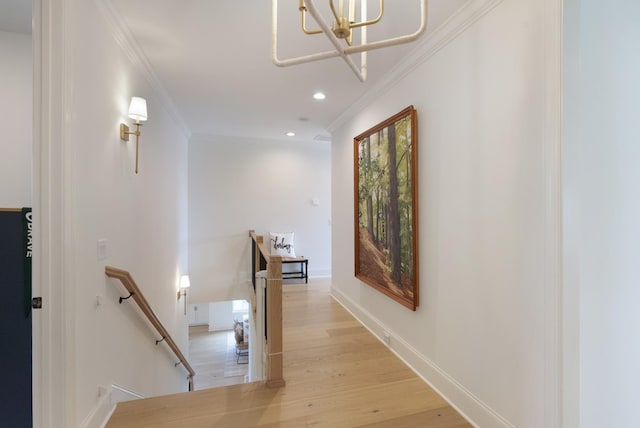 4761 Woodrow Pl, Arrington, TN 37014 - hall featuring an upstairs landing, a chandelier, crown molding, light wood-style flooring, and recessed lighting