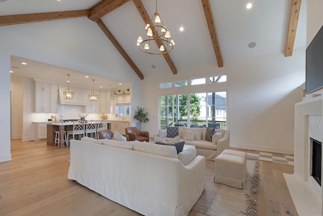 4761 Woodrow Pl, Arrington, TN 37014 - living area with high vaulted ceiling, recessed lighting, beam ceiling, a chandelier, and light wood-type flooring