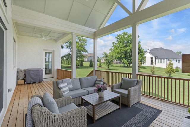 4761 Woodrow Pl, Arrington, TN 37014 - wooden terrace with outdoor lounge area, a yard, ceiling fan, and a residential view