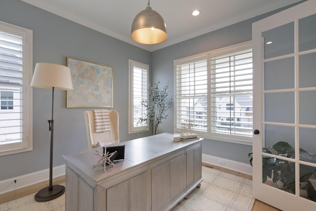 4761 Woodrow Pl, Arrington, TN 37014 - home office with baseboards, light wood-type flooring, ornamental molding, and recessed lighting