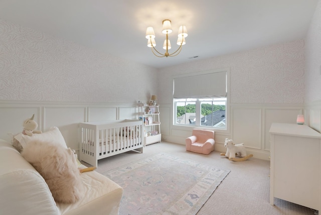 4761 Woodrow Pl, Arrington, TN 37014 - bedroom with a chandelier, a decorative wall, carpet floors, wallpapered walls, and a wainscoted wall
