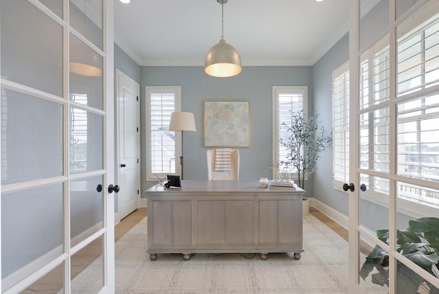 4761 Woodrow Pl, Arrington, TN 37014 - office area featuring french doors, ornamental molding, baseboards, and light wood-type flooring