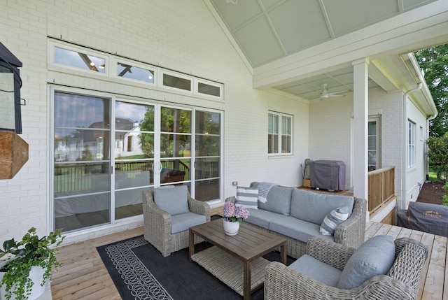 4761 Woodrow Pl, Arrington, TN 37014 - wooden deck with an outdoor hangout area, a ceiling fan, and a grill