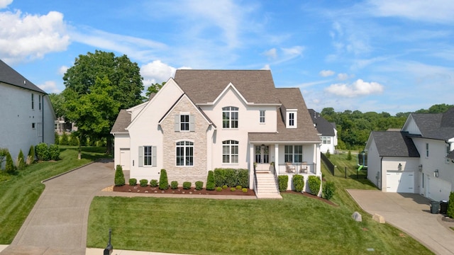 4761 Woodrow Pl, Arrington, TN 37014 - view of front of home featuring stone siding, a front lawn, stairs, a porch, and concrete driveway