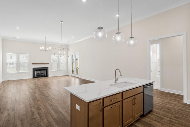 7503 Old Nashville Rd, Fairview, TN 37062 - kitchen featuring dishwasher, healthy amount of natural light, dark wood-style flooring, hanging light fixtures, and ornamental molding