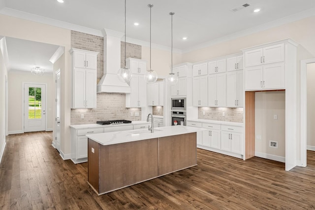 7503 Old Nashville Rd, Fairview, TN 37062 - kitchen featuring stainless steel appliances, custom range hood, ornamental molding, white cabinets, and tasteful backsplash