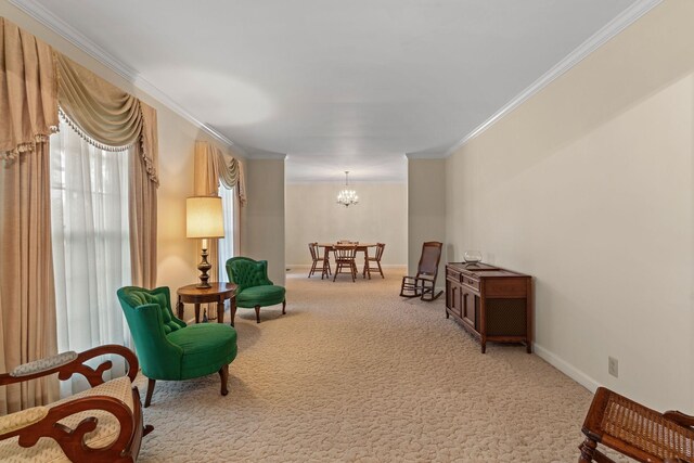 7125 Bidwell Rd, Joelton, TN 37080 - living area featuring carpet floors, a chandelier, crown molding, and baseboards