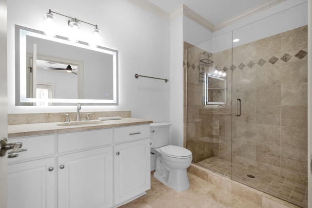 1010 16th Ave S Unit 301, Nashville, TN 37212 - bathroom with ornamental molding, a ceiling fan, vanity, a stall shower, and toilet
