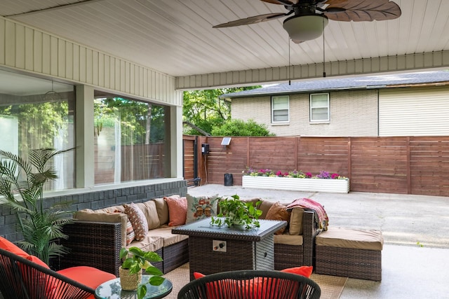 4600 Saunders Ave, Nashville, TN 37216 - fenced backyard featuring a patio, an outdoor hangout area, and a ceiling fan