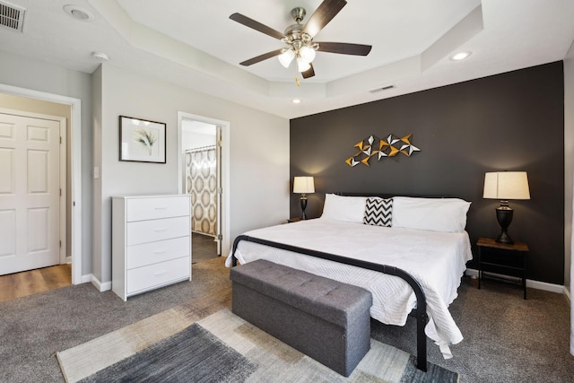 215 Azalea Dr, Oak Grove, KY 42262 - carpeted bedroom featuring a tray ceiling, baseboards, recessed lighting, and a ceiling fan