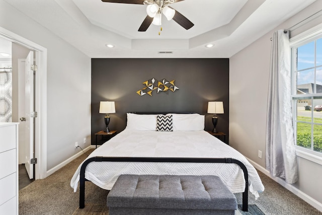 215 Azalea Dr, Oak Grove, KY 42262 - carpeted bedroom with multiple windows, baseboards, a raised ceiling, recessed lighting, and ceiling fan