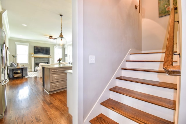 2914 Chasepointe Pl, Columbia, TN 38401 - stairway featuring a ceiling fan, crown molding, wood finished floors, and a fireplace