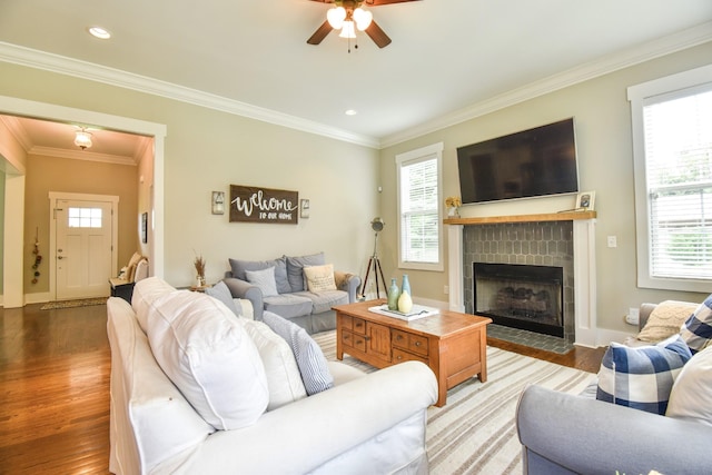 2914 Chasepointe Pl, Columbia, TN 38401 - living area with wood finished floors, a ceiling fan, plenty of natural light, a tiled fireplace, and ornamental molding