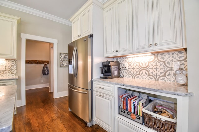 2914 Chasepointe Pl, Columbia, TN 38401 - kitchen with stainless steel fridge, crown molding, tasteful backsplash, dark wood finished floors, and light stone countertops