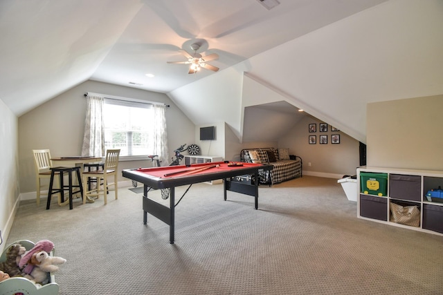 2914 Chasepointe Pl, Columbia, TN 38401 - playroom featuring carpet, lofted ceiling, baseboards, a ceiling fan, and pool table