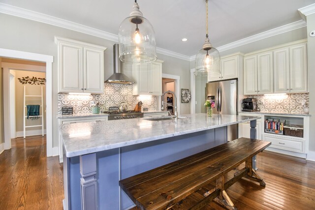 2914 Chasepointe Pl, Columbia, TN 38401 - kitchen with wall chimney exhaust hood, a sink, light stone countertops, backsplash, and recessed lighting