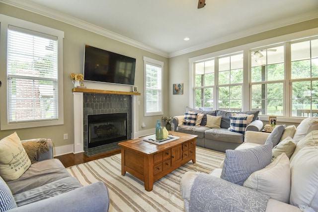 2914 Chasepointe Pl, Columbia, TN 38401 - living room featuring healthy amount of natural light, crown molding, a tiled fireplace, baseboards, and wood finished floors