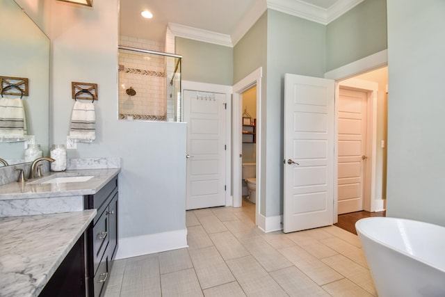2914 Chasepointe Pl, Columbia, TN 38401 - bathroom featuring vanity, a tile shower, ornamental molding, toilet, and a soaking tub