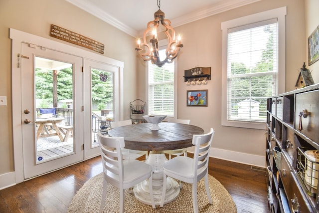 2914 Chasepointe Pl, Columbia, TN 38401 - dining room with a chandelier, healthy amount of natural light, crown molding, baseboards, and dark wood finished floors