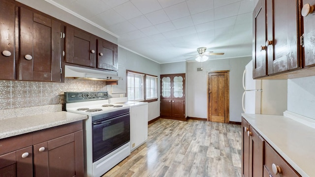 1009 5th Ave W, Springfield, TN 37172 - kitchen featuring white range with electric stovetop, under cabinet range hood, crown molding, tasteful backsplash, and light countertops