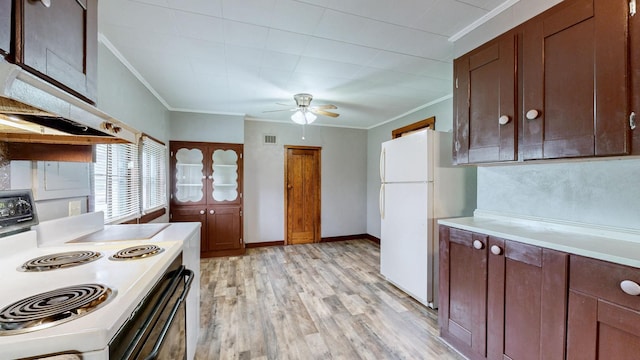 1009 5th Ave W, Springfield, TN 37172 - kitchen featuring white appliances, light countertops, ornamental molding, a ceiling fan, and light wood-type flooring