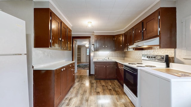 1009 5th Ave W, Springfield, TN 37172 - kitchen with under cabinet range hood, white appliances, washer / dryer, light countertops, and tasteful backsplash