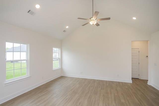 324 Fieldstone Ln, Springfield, TN 37172 - unfurnished room with high vaulted ceiling, light wood-type flooring, a ceiling fan, baseboards, and recessed lighting