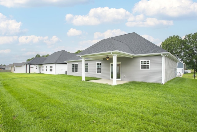 324 Fieldstone Ln, Springfield, TN 37172 - rear view of property with a ceiling fan, a patio area, a lawn, and a shingled roof